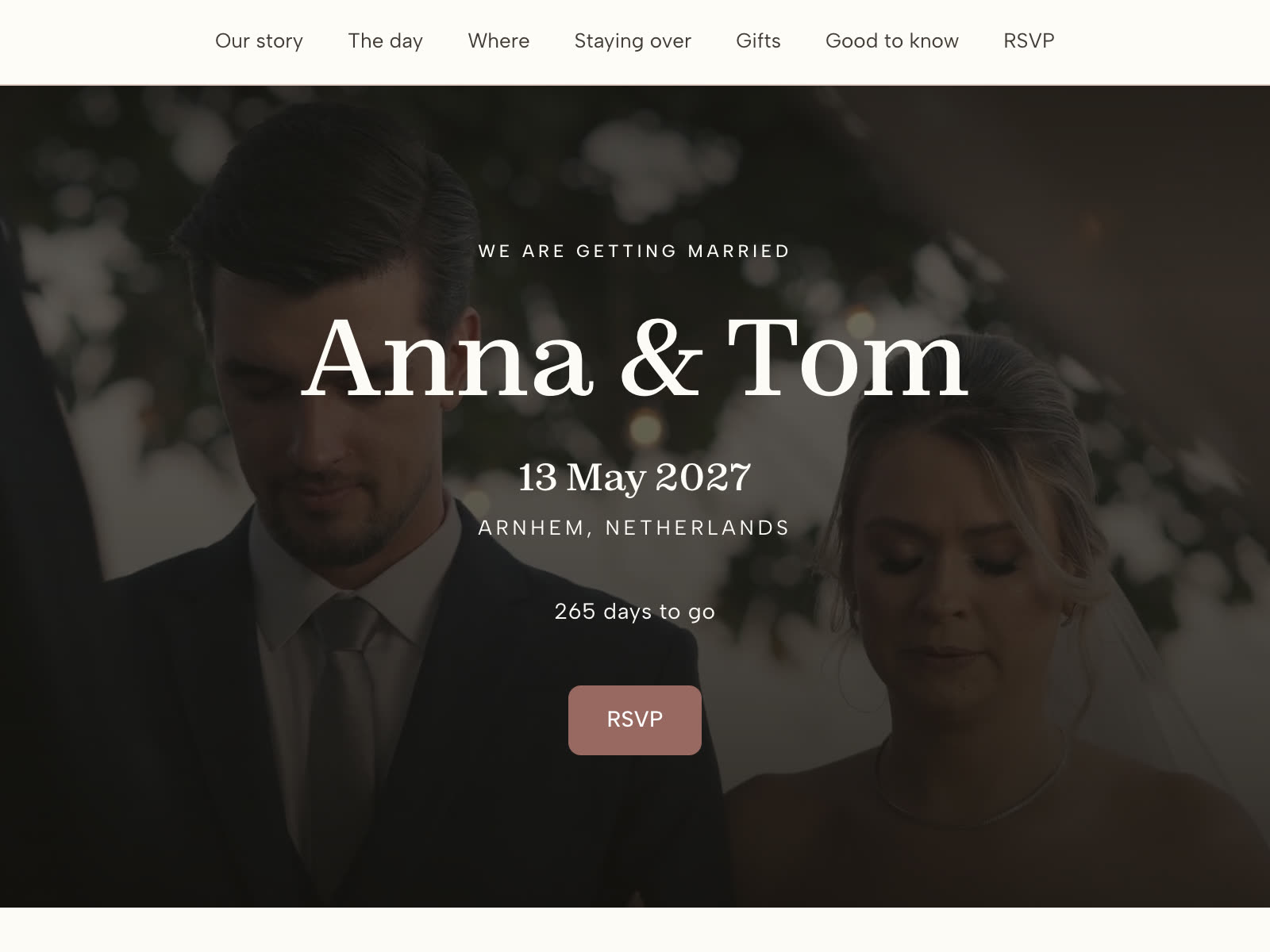 The top of Anna and Tom's wedding site: their names, the date, and the section nav a guest scrolls through