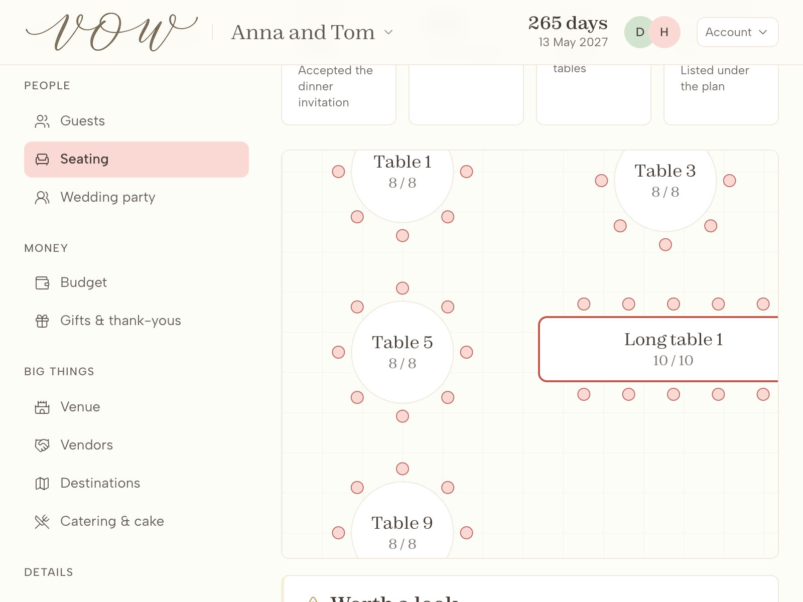 The seating planner for the demo wedding: twelve tables on a canvas, with the confirmed dinner guests listed beside them ready to be placed