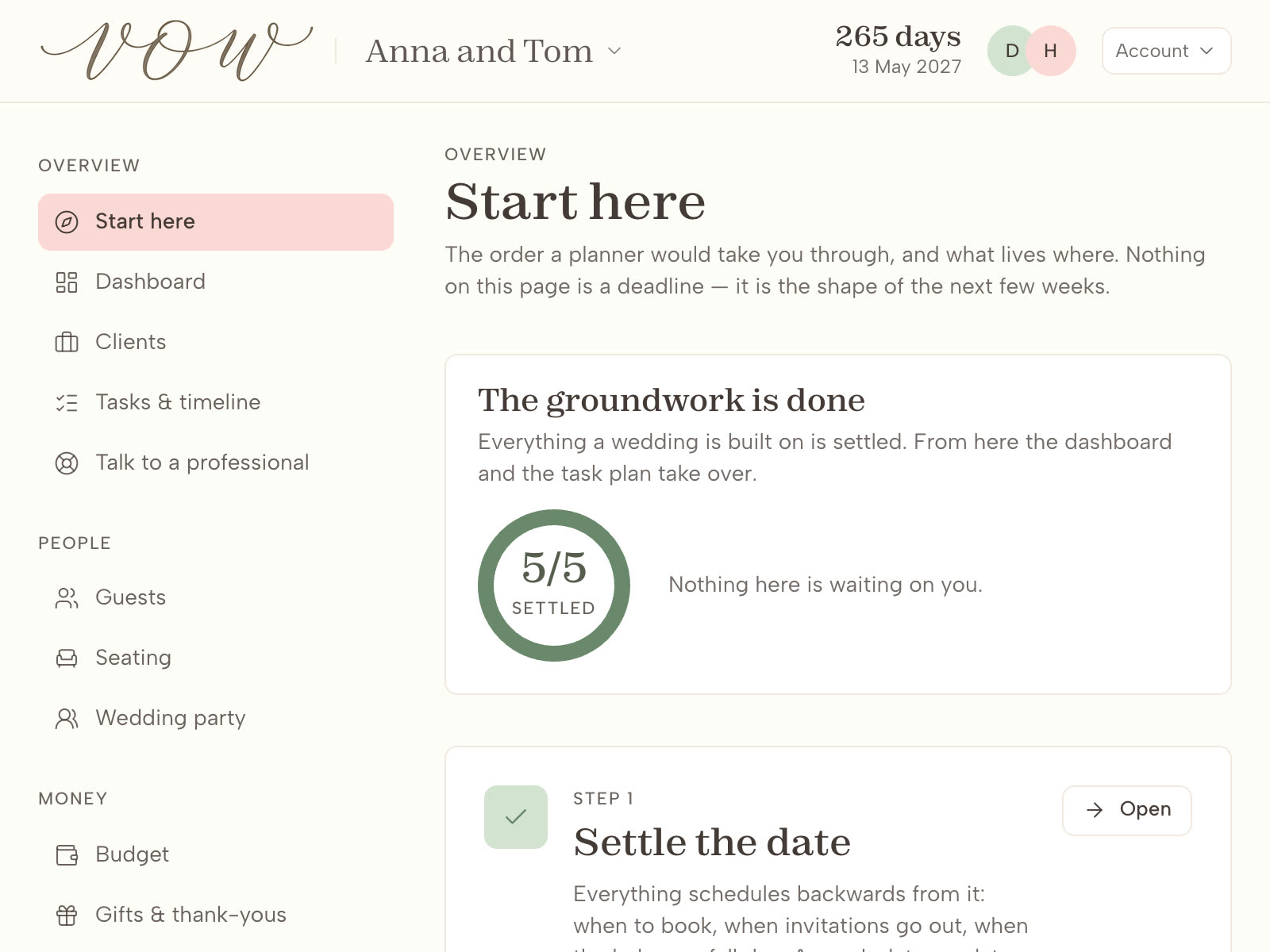 The start-here page of the demo wedding, listing the next tasks in order