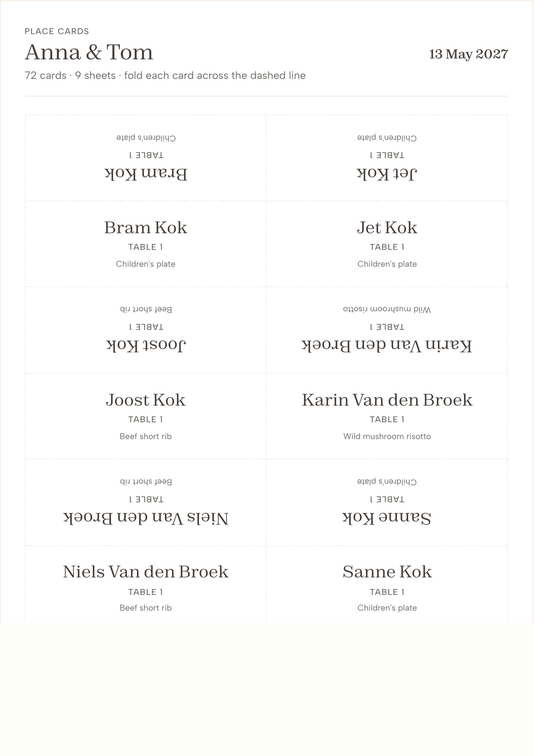 A sheet of place cards printed from the demo wedding, two columns of folded tent cards, each with a guest name and the meal they chose
